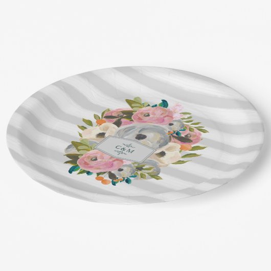 Hübsche Aquarellfarben-Blume mit schick grauen Str Pappteller (Schrägansicht)