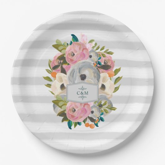 Hübsche Aquarellfarben-Blume mit schick grauen Str Pappteller (Vorderseite)