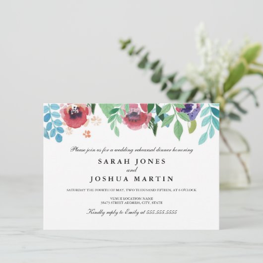 Hübsche Aquarellfarben Blume Probe Abendessen Einl Einladung (Stehend Vorderseite)