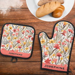 Hübsche Aquarellfarben Blume Rot-Gelb-Blumengestal Ofenhandschuh & Topflappen-Set