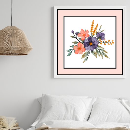 Hübsche Aquarellfarben Blume Schwarze Linien Peach Poster