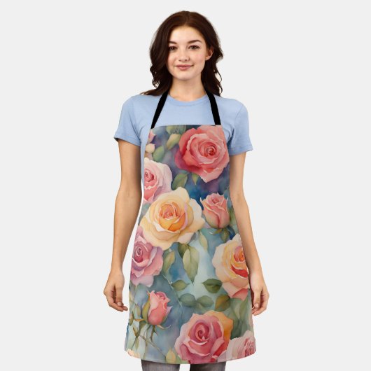 Hübsche Aquarellfarben-Rose Blumendesign Schürze (Getragen)