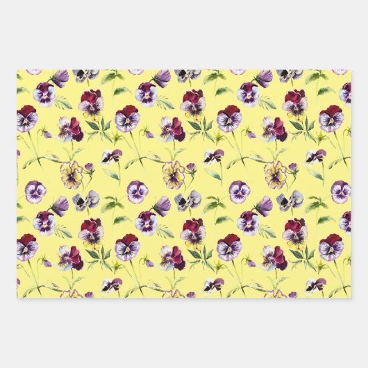 Hübsche Aquarellfarben Stiefmütterchen Muster Trio Geschenkpapier Set (Vorderseite 3)