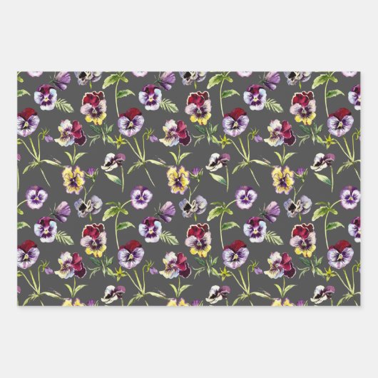 Hübsche Aquarellfarben Stiefmütterchen Muster Trio Geschenkpapier Set (Vorderseite 2)