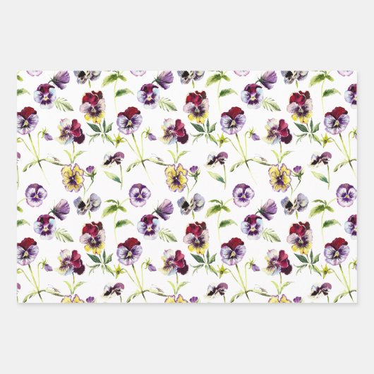 Hübsche Aquarellfarben Stiefmütterchen Muster Trio Geschenkpapier Set (Vorderseite)