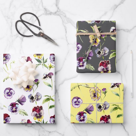 Hübsche Aquarellfarben Stiefmütterchen Muster Trio Geschenkpapier Set (Vorderseite)