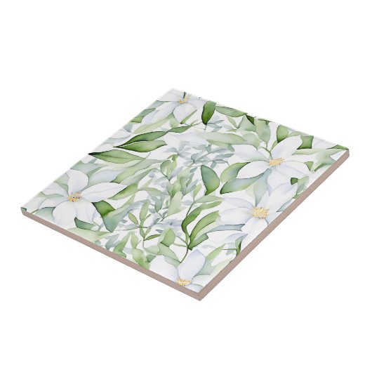 Hübsche Aquarellfarben Weiße Blume zeigen grünes B Fliese (Seite)