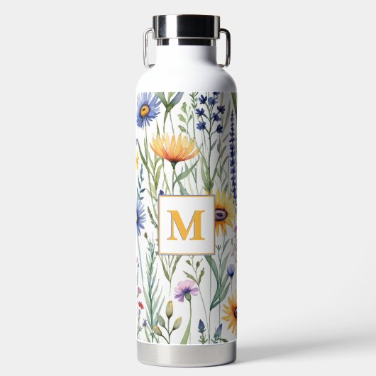 Hübsche Aquarellfarben Wildblumen Mit Monogramm Trinkflasche (Vorderseite)