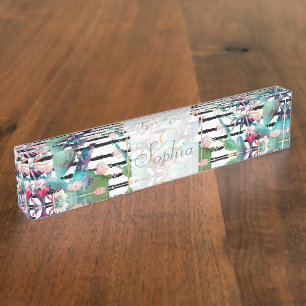 Hübsche Aquarellkaktus, Blumenmuster und Streifen Namensplakette