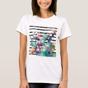 Hübsche Aquarellkaktus, Blumenmuster und Streifen T-Shirt