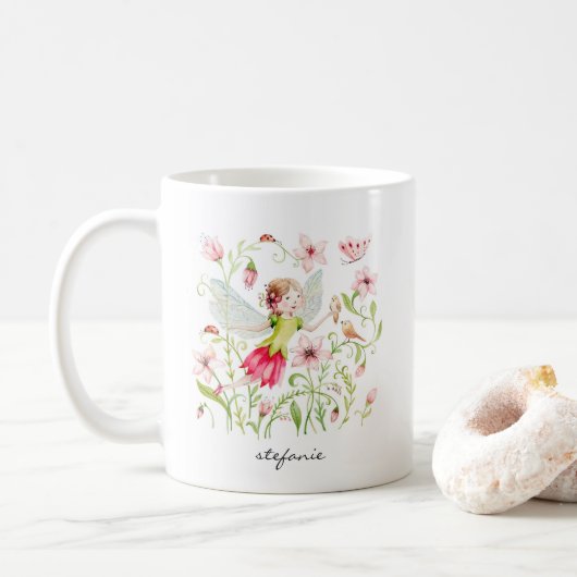 Hübsche Aquarellmühle und rosa Blüten Kaffeetasse (Mit Donut)
