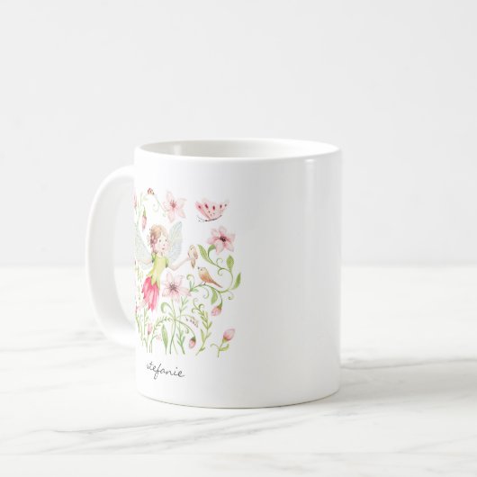 Hübsche Aquarellmühle und rosa Blüten Kaffeetasse (Vorderseite Links)