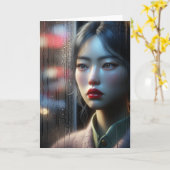 Hübsche asiatische Frau sieht zu, wie es regnet Karte (Gelbe Blume)