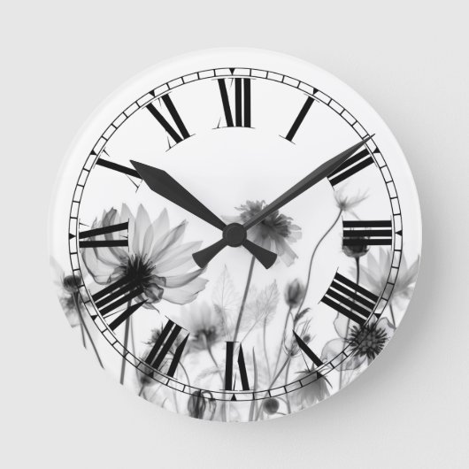 Hübsche B&W Röntgen-Wildblumen Runde Wanduhr (Vorderseite)