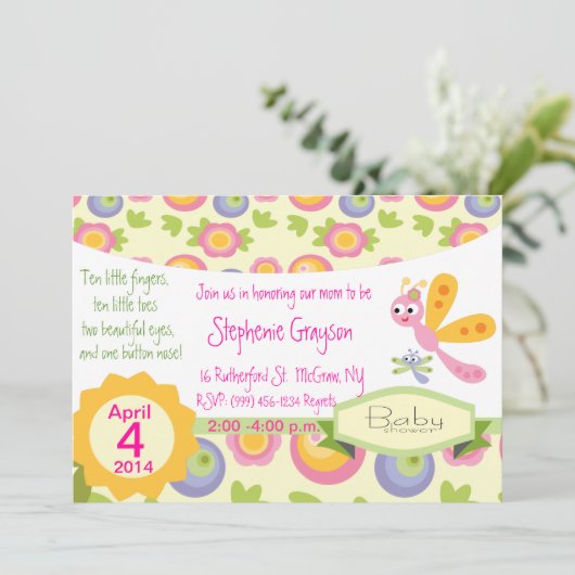 Hübsche Baby-Dragonfly-Dusche Einladung (Stehend Vorderseite)