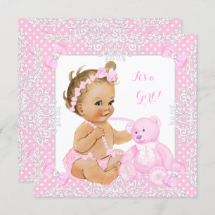 Hübsche Baby Dusche Girl Lace Pink Bear Blonde Bab Einladung