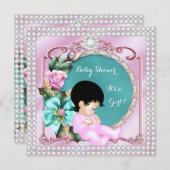 Hübsche Babydusche Aquamarin Pink Blütendusche Brü Einladung (Vorne/Hinten)