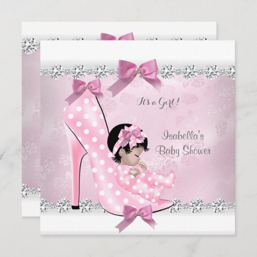 Hübsche Babydusche Mädchen Pink Diamant High Heel Einladung (Vorne/Hinten)