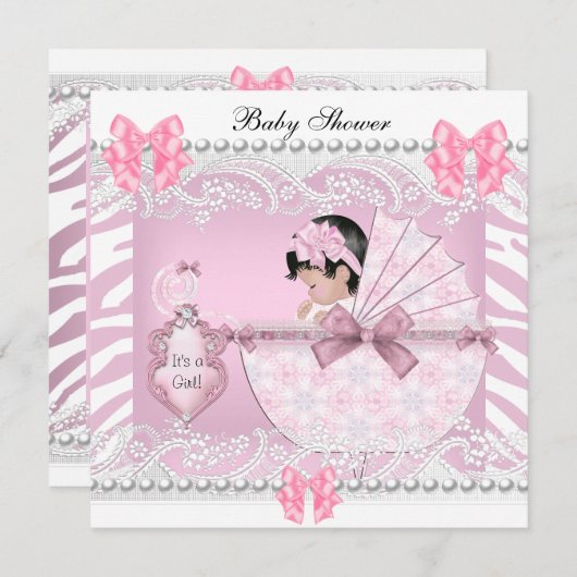 Hübsche Babydusche Zebra Baby Girl Pink Lace Einladung (Vorne/Hinten)