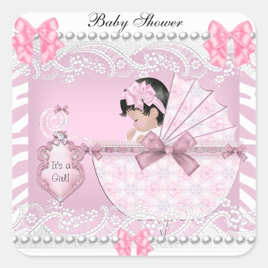 Hübsche Babydusche Zebra Baby Girl Pink Lace Quadratischer Aufkleber (Vorderseite)