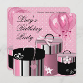 Hübsche Balloons geben Pink und Black Birthday Par Einladung (Vorne/Hinten)