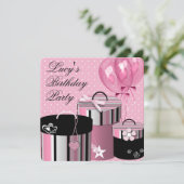 Hübsche Balloons geben Pink und Black Birthday Par Einladung (Stehend Vorderseite)