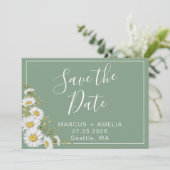 Hübsche Basil Green & White Daisies Save the Date (Stehend Vorderseite)