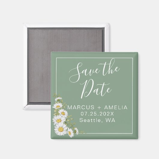 Hübsche Basil Green & White Daisies Save the Date Magnet (Vorderseite/Rückseite)