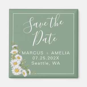 Hübsche Basil Green & White Daisies Save the Date Magnet