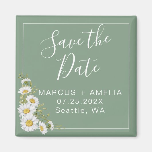 Hübsche Basil Green & White Daisies Save the Date Magnet (Vorne)