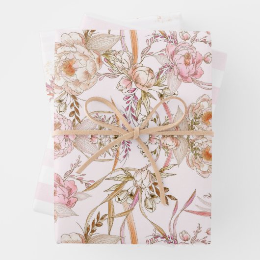 Hübsche, blassrosa Duftstreifen und Blumenmotive Geschenkpapier Set (Beispiel)