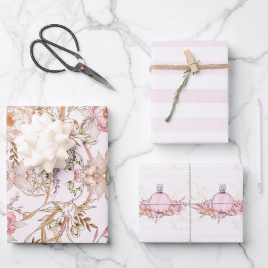 Hübsche, blassrosa Duftstreifen und Blumenmotive Geschenkpapier Set (Vorderseite)