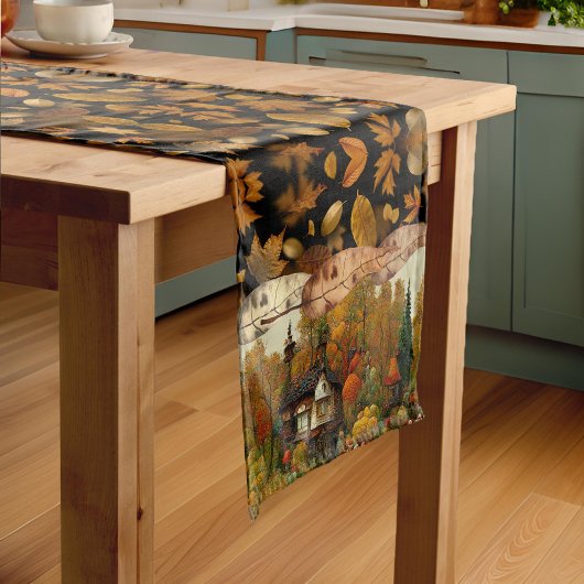 Hübsche Blätter Wasserfarben Herbst Hütte Bäume Kurzer Tischläufer