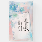 Hübsche blaue Blumen auf rosa Hintergrund Geburtst Banner (Vertikal)