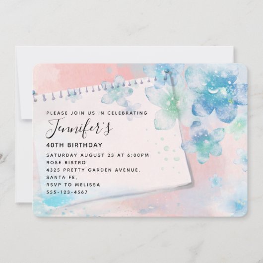 Hübsche blaue Blumen auf rosa Hintergrund Geburtst Einladung (Vorderseite)