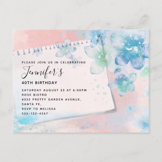 Hübsche blaue Blumen auf rosa Hintergrund Geburtst Einladungspostkarte (Vorderseite)