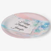 Hübsche blaue Blumen auf rosa Hintergrund Geburtst Pappteller (Schrägansicht)