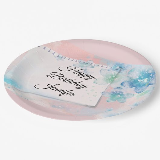 Hübsche blaue Blumen auf rosa Hintergrund Geburtst Pappteller (Schrägansicht)