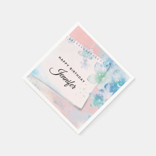 Hübsche blaue Blumen auf rosa Hintergrund Geburtst Serviette (Ecke)