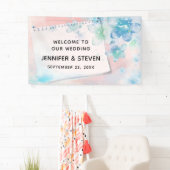 Hübsche blaue Blumen auf rosa Hintergrundhochzeit Banner (Insitu)