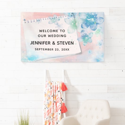 Hübsche blaue Blumen auf rosa Hintergrundhochzeit Banner (Insitu)