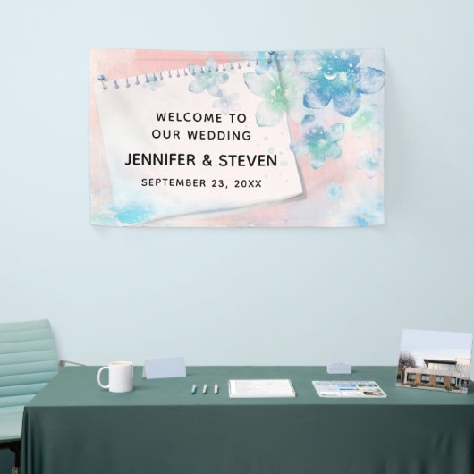 Hübsche blaue Blumen auf rosa Hintergrundhochzeit Banner (Messeveranstaltung)