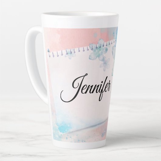 Hübsche blaue Blumen im rosa Hintergrund Milchtasse (Linke Ecke)