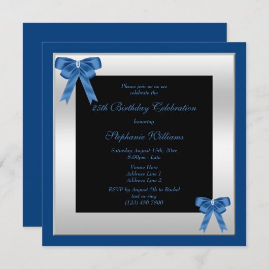 Hübsche blaue Bows & Silberner Gerahmter Geburtsta Einladung (Vorne/Hinten)