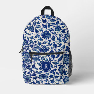 Hübsche blaue Chinoiserie chinesische Blumen Vinta Bedruckter Rucksack