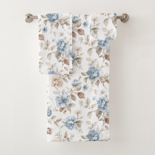 Hübsche Blaue Creme Beige Braune Blumen Badhandtuch Set (Insitu)