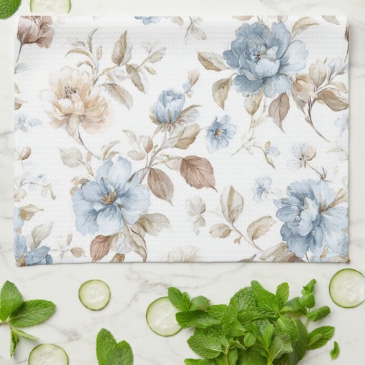 Hübsche Blaue Creme Beige Braune Blumen Geschirrtuch (Gefaltet)