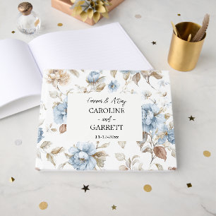 Hübsche Blaue Creme Beige Braune Blumen Hochzeit Gästebuch