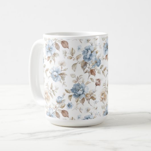 Hübsche Blaue Creme Beige Braune Blumen Kaffeetasse (Vorderseite Links)