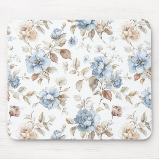 Hübsche Blaue Creme Beige Braune Blumen Mousepad (Vorne)